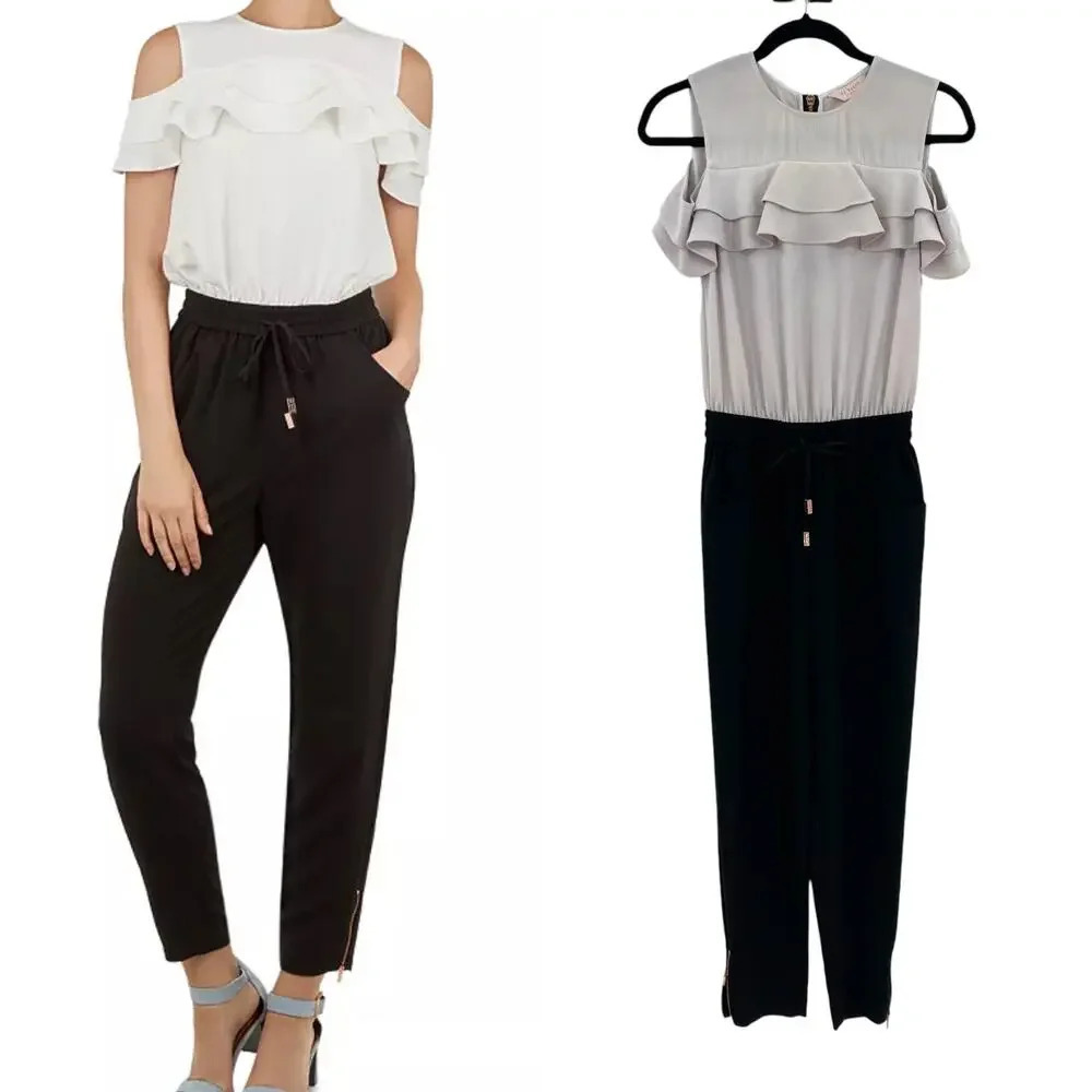 Ted Baker Toriil Ruffled Cold-Shoulder Jumpsuit Black / Gray Size 0 / US 2